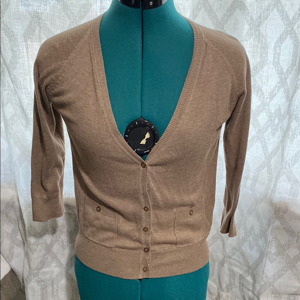 Atmosphere tan midi length sleeve button up cardigan sweater
